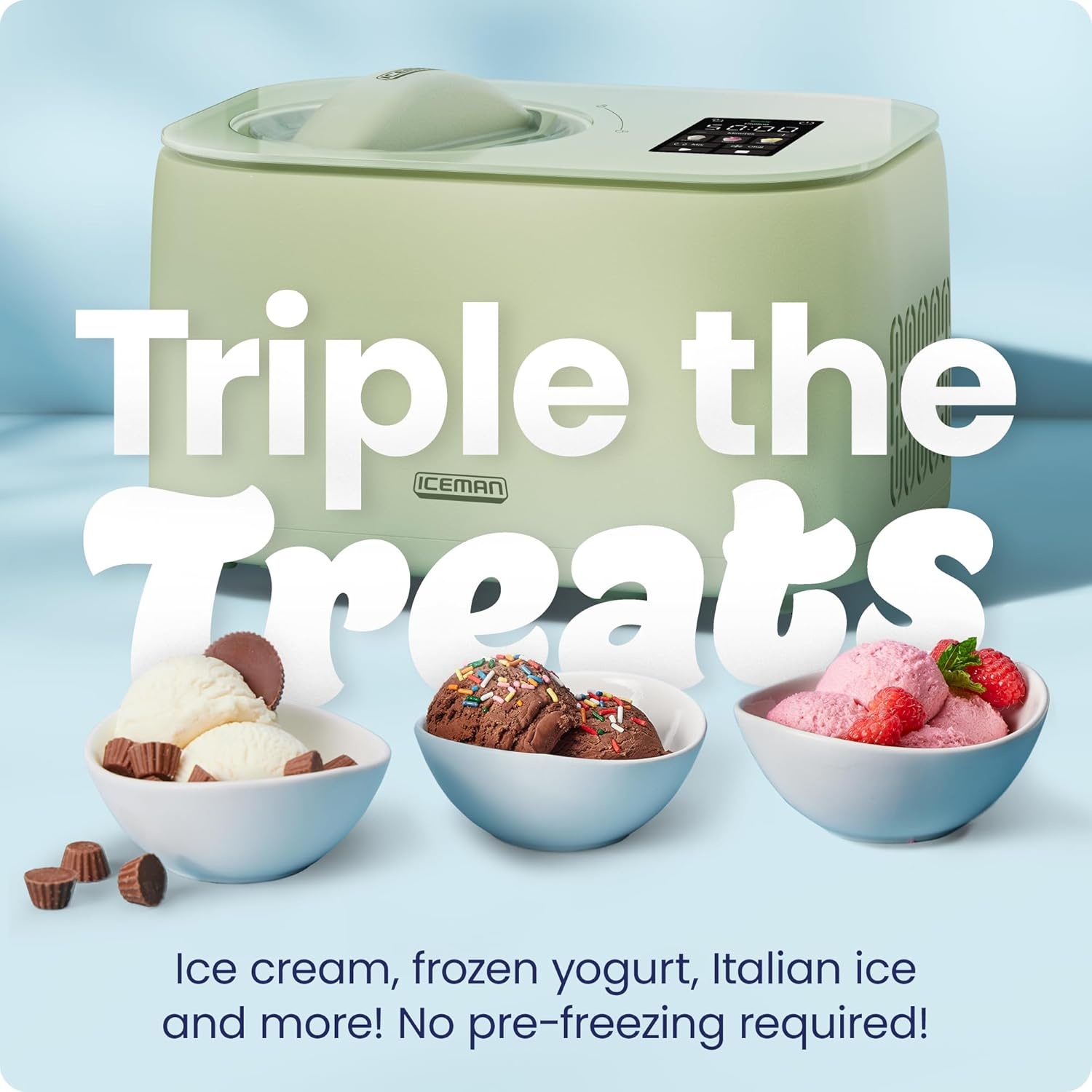 image:imageIceman by Chefman Trio Ice Cream Maker No PreFreezing with BuiltIn Compressor for Ice Cream Froyo Sorbet Sherbet Italian Ice Frozen Yogurt amp More 2 20oz Containers amp LidsPistachio