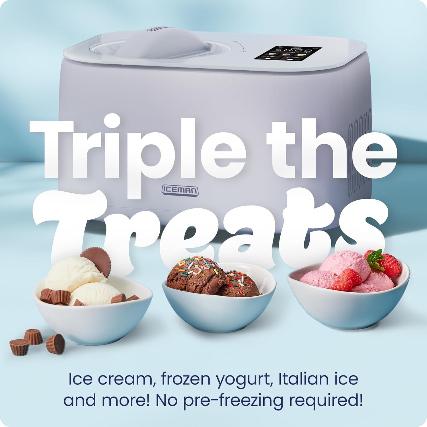 image:imageIceman by Chefman Trio Ice Cream Maker No PreFreezing with BuiltIn Compressor for Ice Cream Froyo Sorbet Sherbet Italian Ice Frozen Yogurt amp More 2 20oz Containers amp LidsLavender
