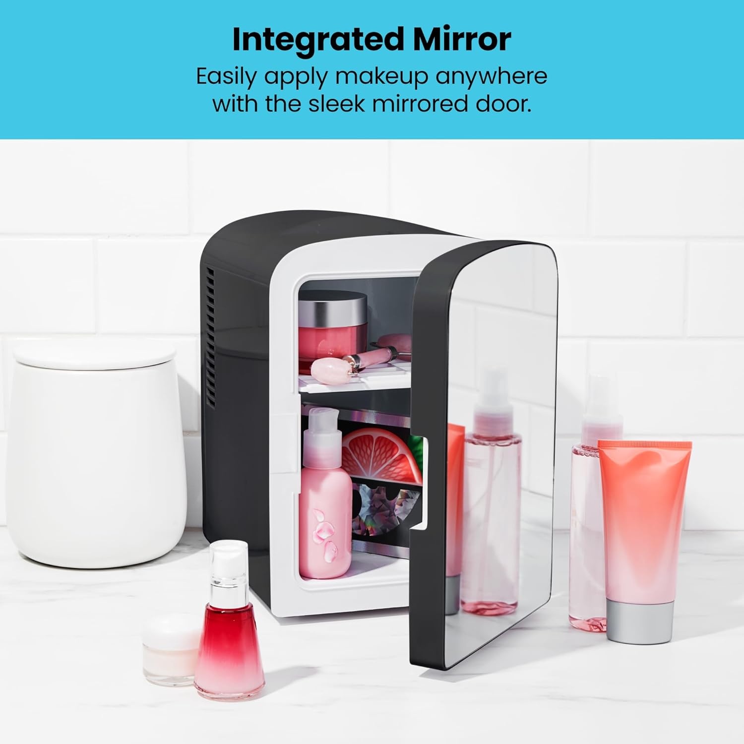 image:imageChefman Iceman Portable Mirrored Personal Fridge 4L Mini Refrigerator Skin Care Makeup Storage Beauty Serums amp Face Masks Small For Desktop Or Travel Cool amp Heat Cosmetic Application WhiteBlack