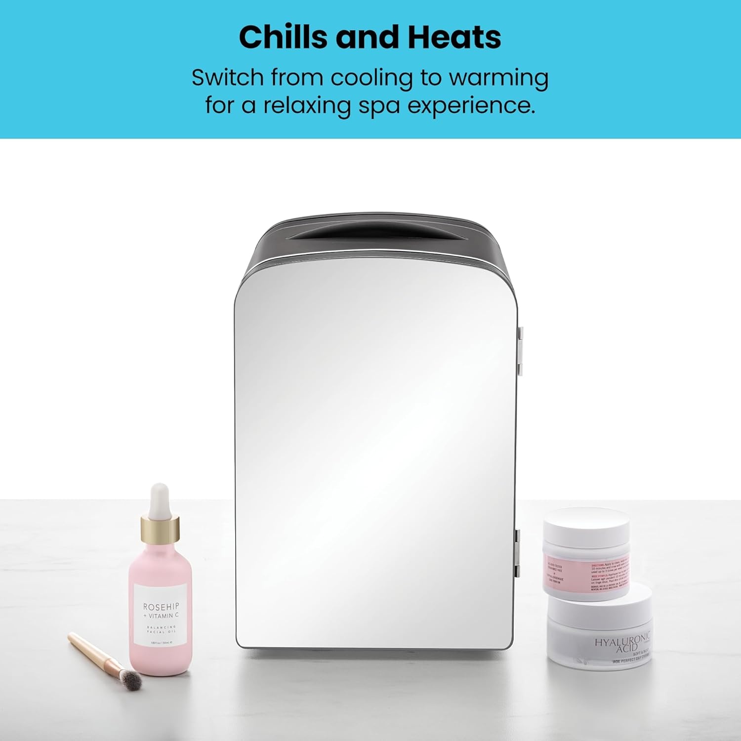 image:imageChefman Iceman Portable Mirrored Personal Fridge 4L Mini Refrigerator Skin Care Makeup Storage Beauty Serums amp Face Masks Small For Desktop Or Travel Cool amp Heat Cosmetic Application WhiteBlack
