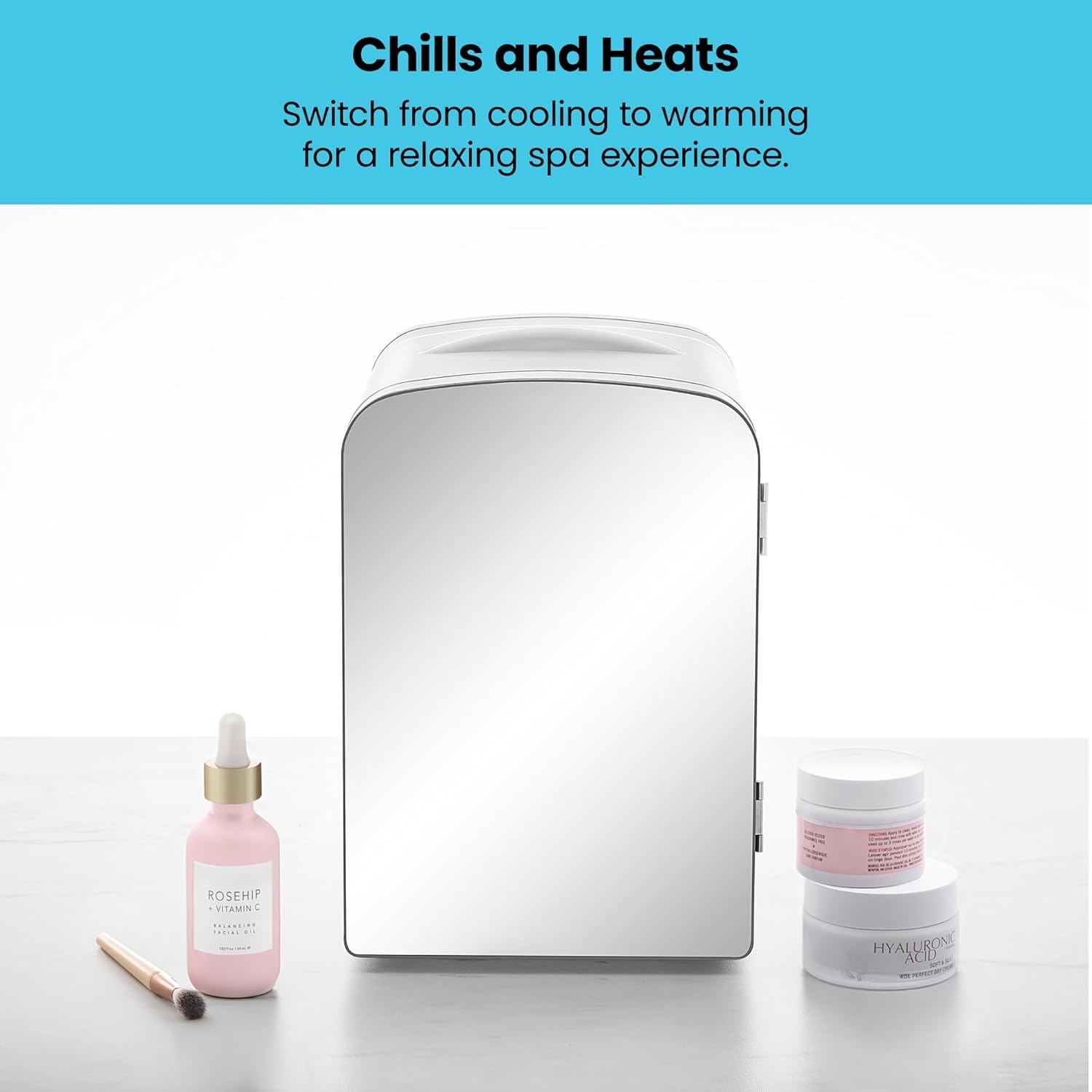 image:imageChefman Iceman Portable Mirrored Personal Fridge 4L Mini Refrigerator Skin Care Makeup Storage Beauty Serums amp Face Masks Small For Desktop Or Travel Cool amp Heat Cosmetic Application WhiteWhite