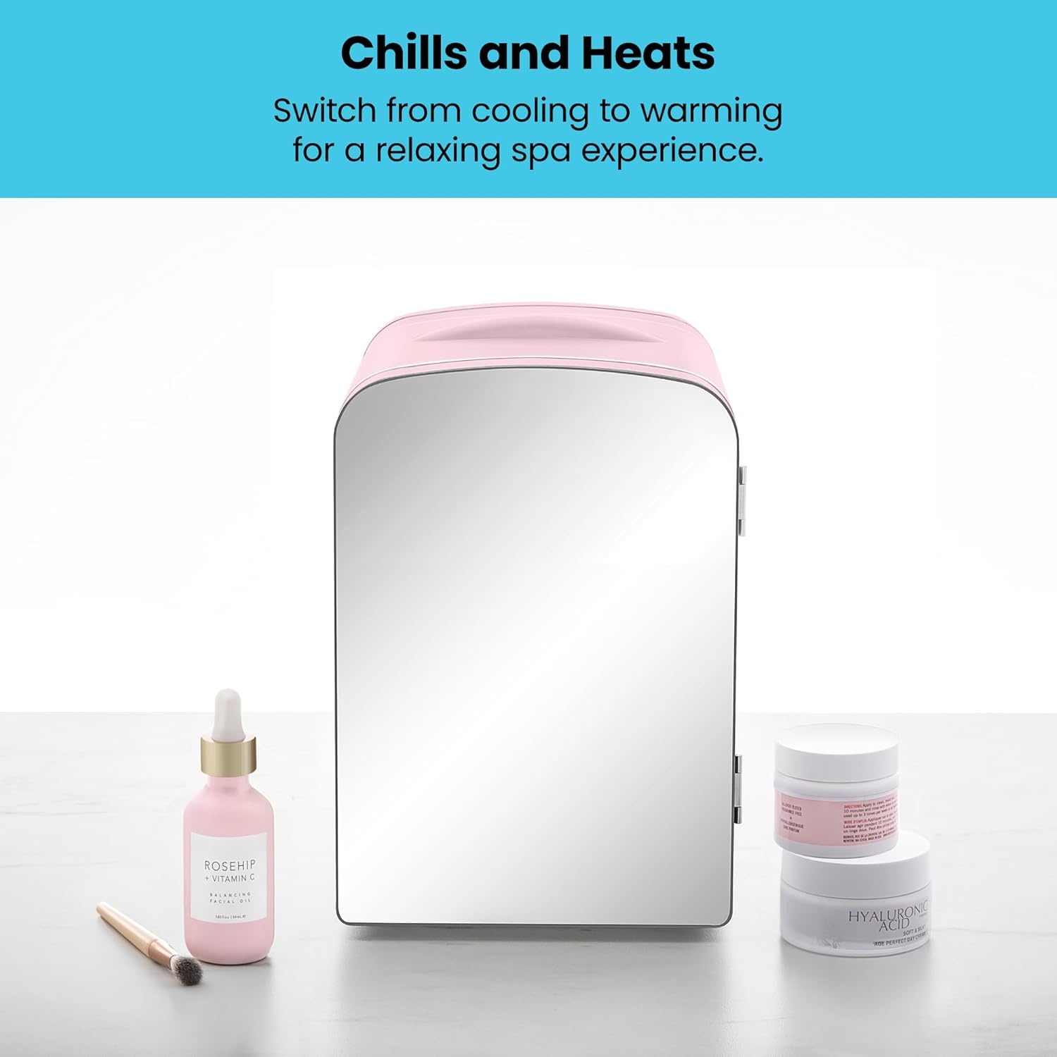 image:imageChefman Iceman Portable Mirrored Personal Fridge 4L Mini Refrigerator Skin Care Makeup Storage Beauty Serums amp Face Masks Small For Desktop Or Travel Cool amp Heat Cosmetic Application WhitePink
