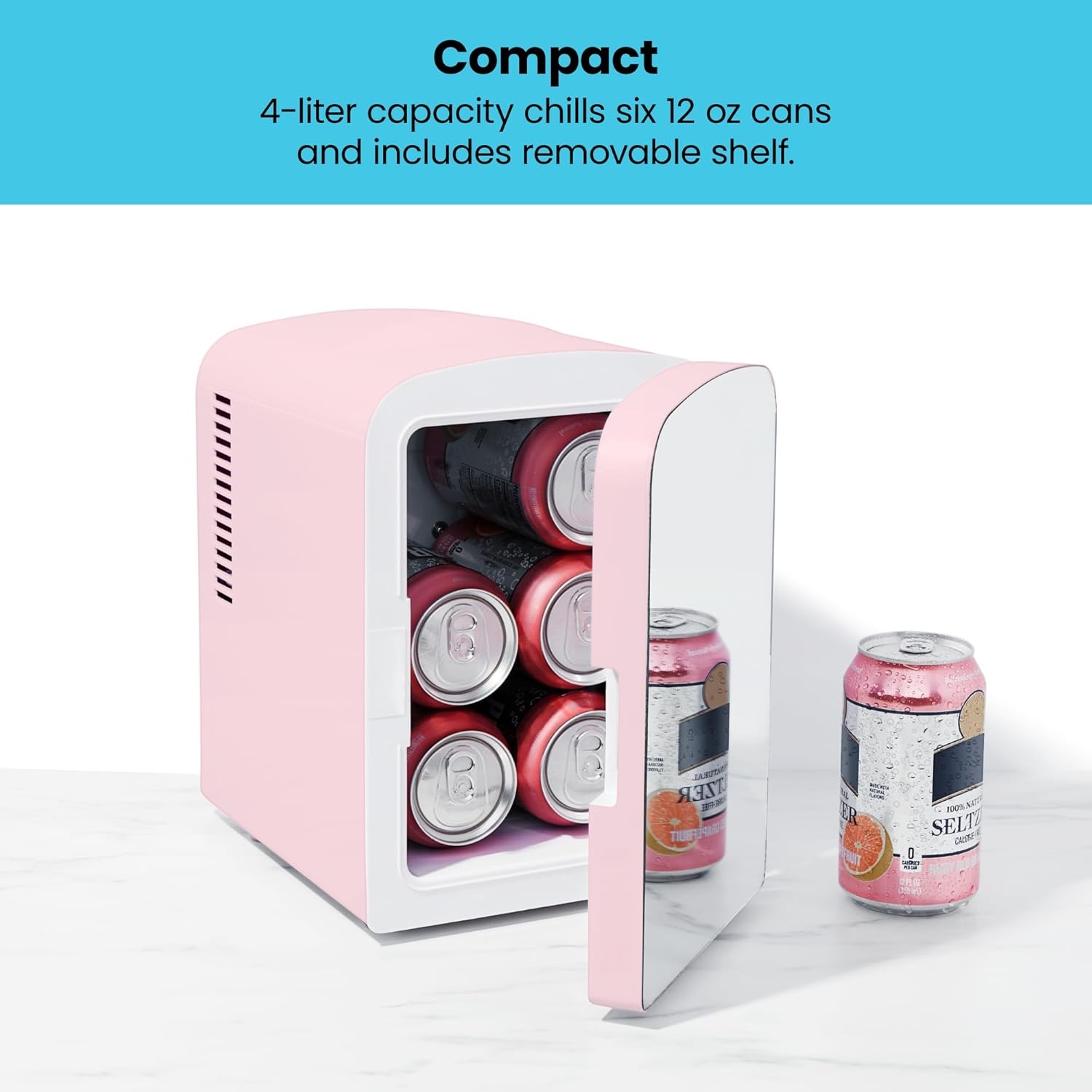 image:imageChefman Iceman Portable Mirrored Personal Fridge 4L Mini Refrigerator Skin Care Makeup Storage Beauty Serums amp Face Masks Small For Desktop Or Travel Cool amp Heat Cosmetic Application WhitePink
