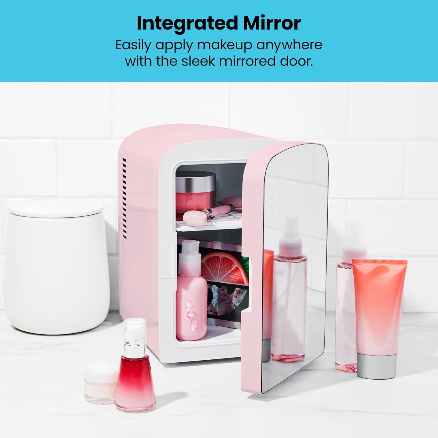 image:imageChefman Iceman Portable Mirrored Personal Fridge 4L Mini Refrigerator Skin Care Makeup Storage Beauty Serums amp Face Masks Small For Desktop Or Travel Cool amp Heat Cosmetic Application WhitePink