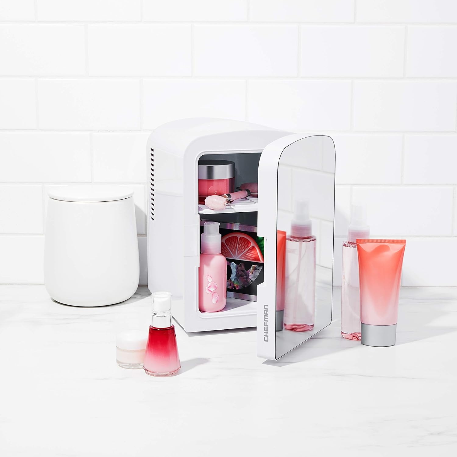 image:imageChefman Iceman Portable Mirrored Personal Fridge 4L Mini Refrigerator Skin Care Makeup Storage Beauty Serums amp Face Masks Small For Desktop Or Travel Cool amp Heat Cosmetic Application WhiteWhite