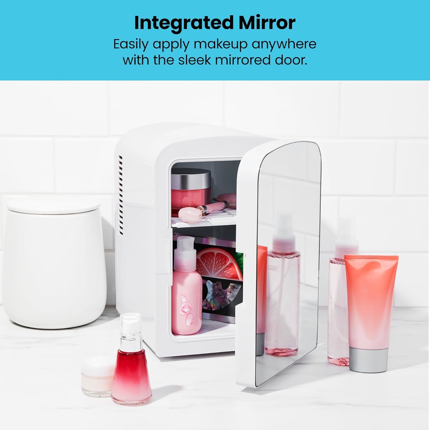 image:imageChefman Iceman Portable Mirrored Personal Fridge 4L Mini Refrigerator Skin Care Makeup Storage Beauty Serums amp Face Masks Small For Desktop Or Travel Cool amp Heat Cosmetic Application WhiteWhite