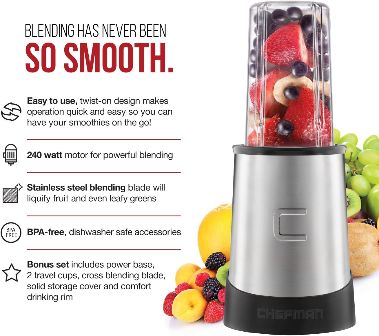 image:imageChefman Personal Ultimate Kitchen Blender Quick Portable Blending of Shakes Smoothies Baby Food amp Juice 2 Travel Cups Cover amp Drinking Rim 6Piece Set DishwasherSafe StainlessSteel BladeWired