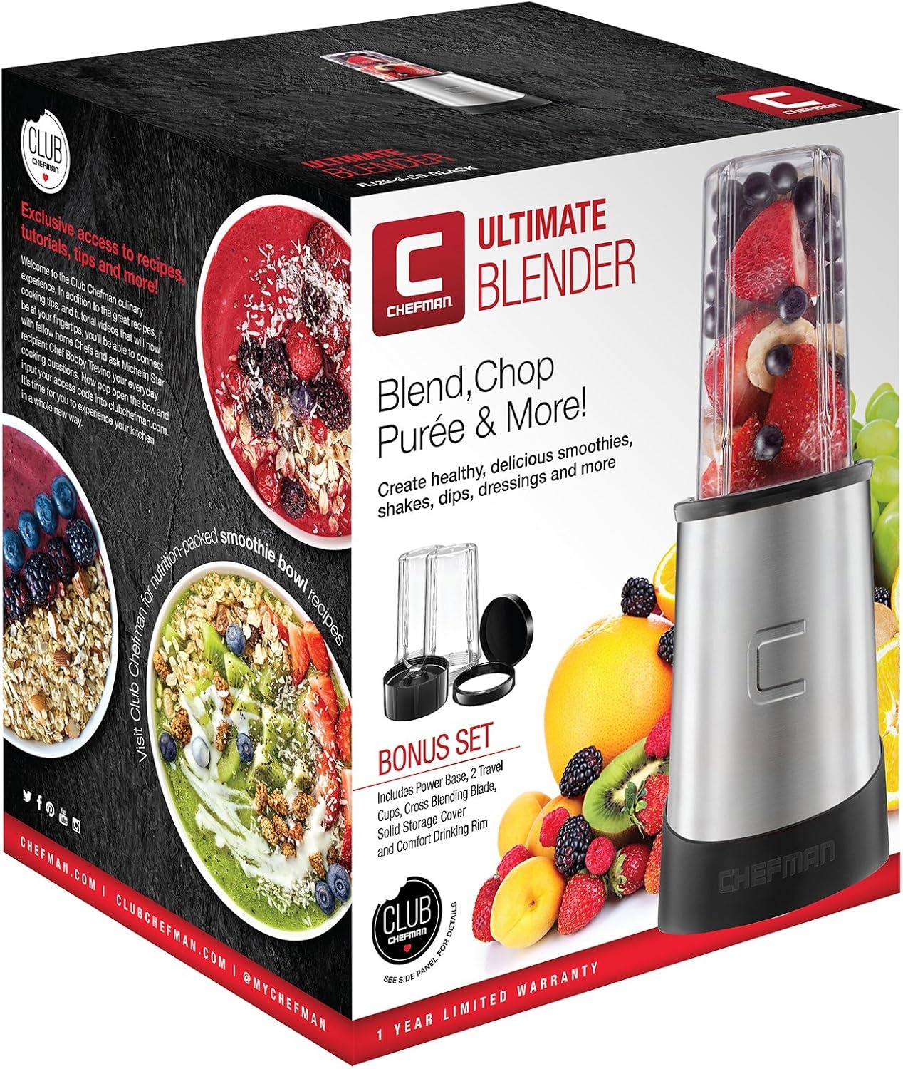 image:imageChefman Personal Ultimate Kitchen Blender Quick Portable Blending of Shakes Smoothies Baby Food amp Juice 2 Travel Cups Cover amp Drinking Rim 6Piece Set DishwasherSafe StainlessSteel BladeWired
