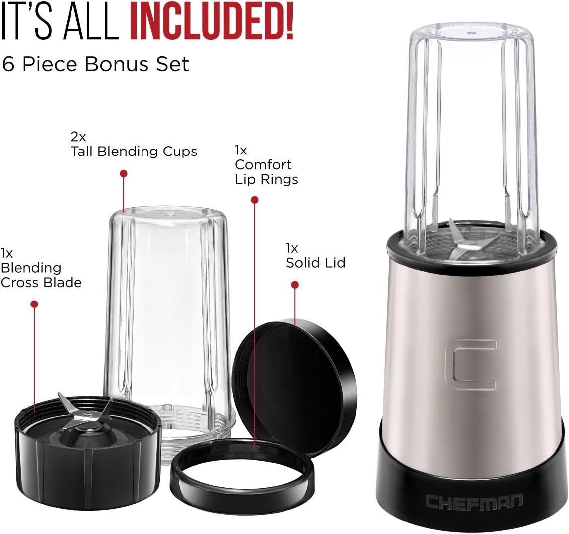 image:imageChefman Personal Ultimate Kitchen Blender Quick Portable Blending of Shakes Smoothies Baby Food amp Juice 2 Travel Cups Cover amp Drinking Rim 6Piece Set DishwasherSafe StainlessSteel BladeWired
