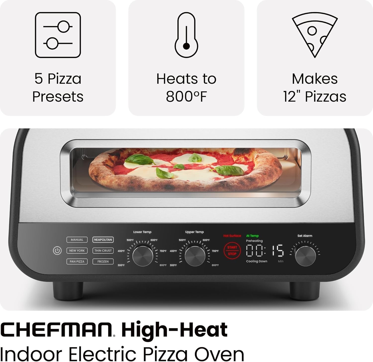 image:imageCHEFMAN Indoor Pizza Oven Makes 12 Inch Pizzas in Minutes Heats up to 800F Countertop Electric Maker with 5 Touchscreen Presets Pizza Stone and Peel Included Stainless BlackStainless Steel