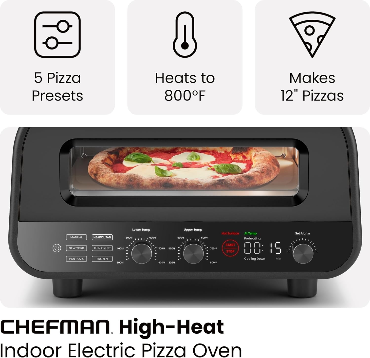 image:imageCHEFMAN Indoor Pizza Oven Makes 12 Inch Pizzas in Minutes Heats up to 800F Countertop Electric Maker with 5 Touchscreen Presets Pizza Stone and Peel Included Stainless BlackStainless Black