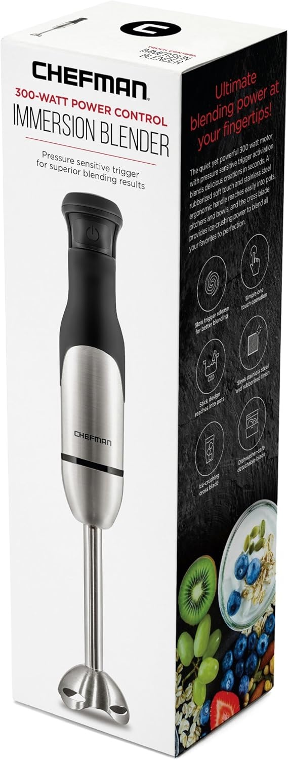 image:imageChefman Electric Immersion Blender 300Watt Stick HandHeld Blending wSimple One Touch Power Control Pressure Sensitive Multiple Speed Trigger Detachable Blade Stainless Steel