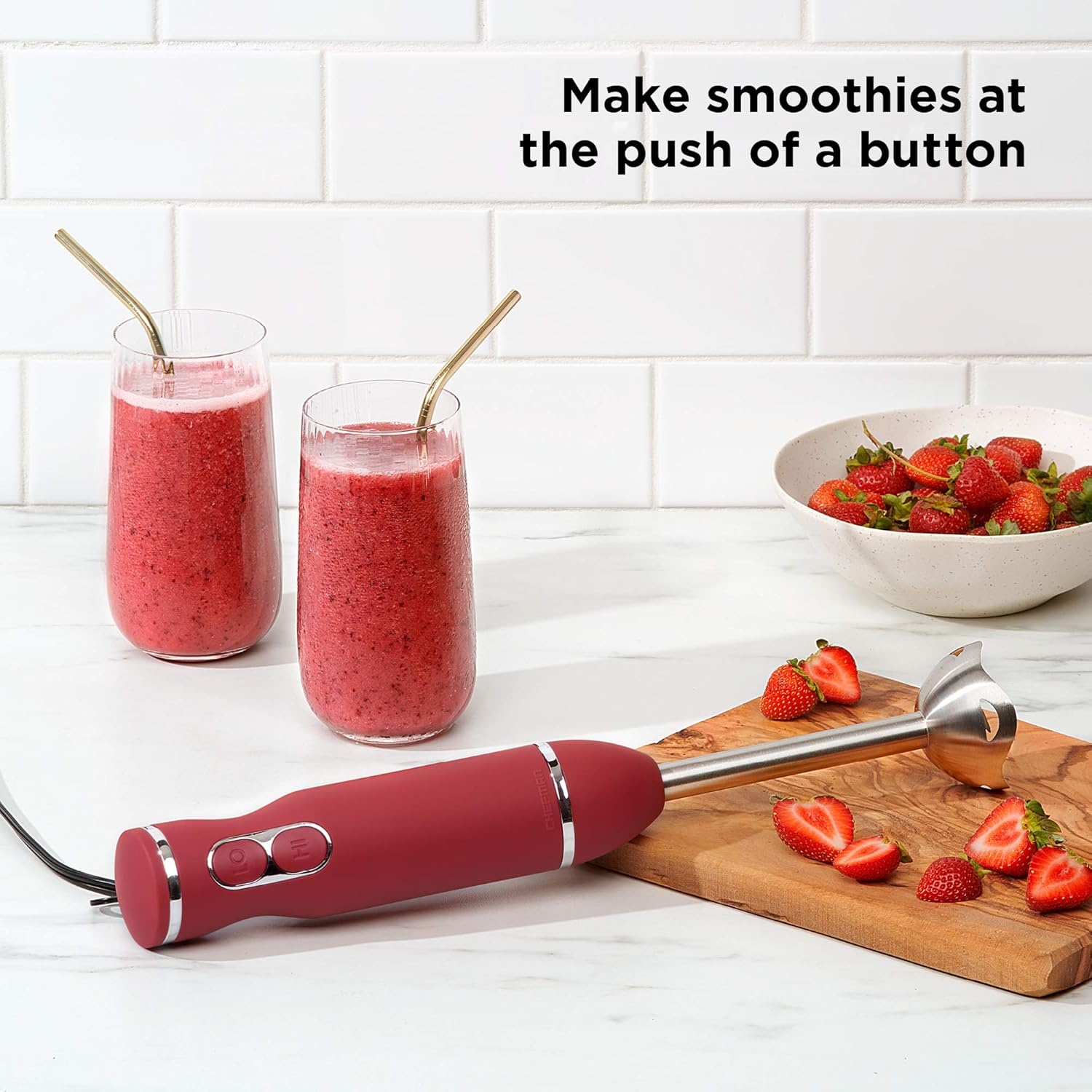 image:imageChefman Immersion Stick Hand Blender with Stainless Steel Blades Powerful Electric Ice Crushing 2Speed Control Handheld Food Mixer Purees Smoothies Shakes Sauces amp Soups TurquoiseRed