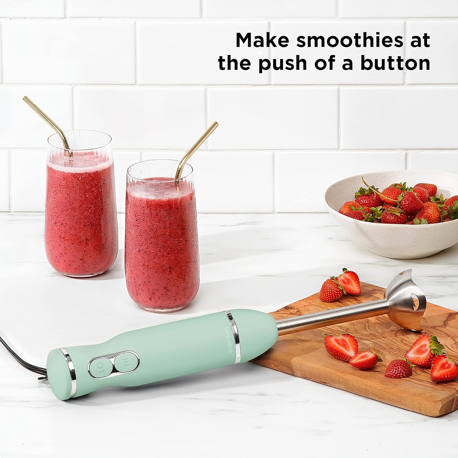image:imageChefman Immersion Stick Hand Blender with Stainless Steel Blades Powerful Electric Ice Crushing 2Speed Control Handheld Food Mixer Purees Smoothies Shakes Sauces amp Soups TurquoiseSage
