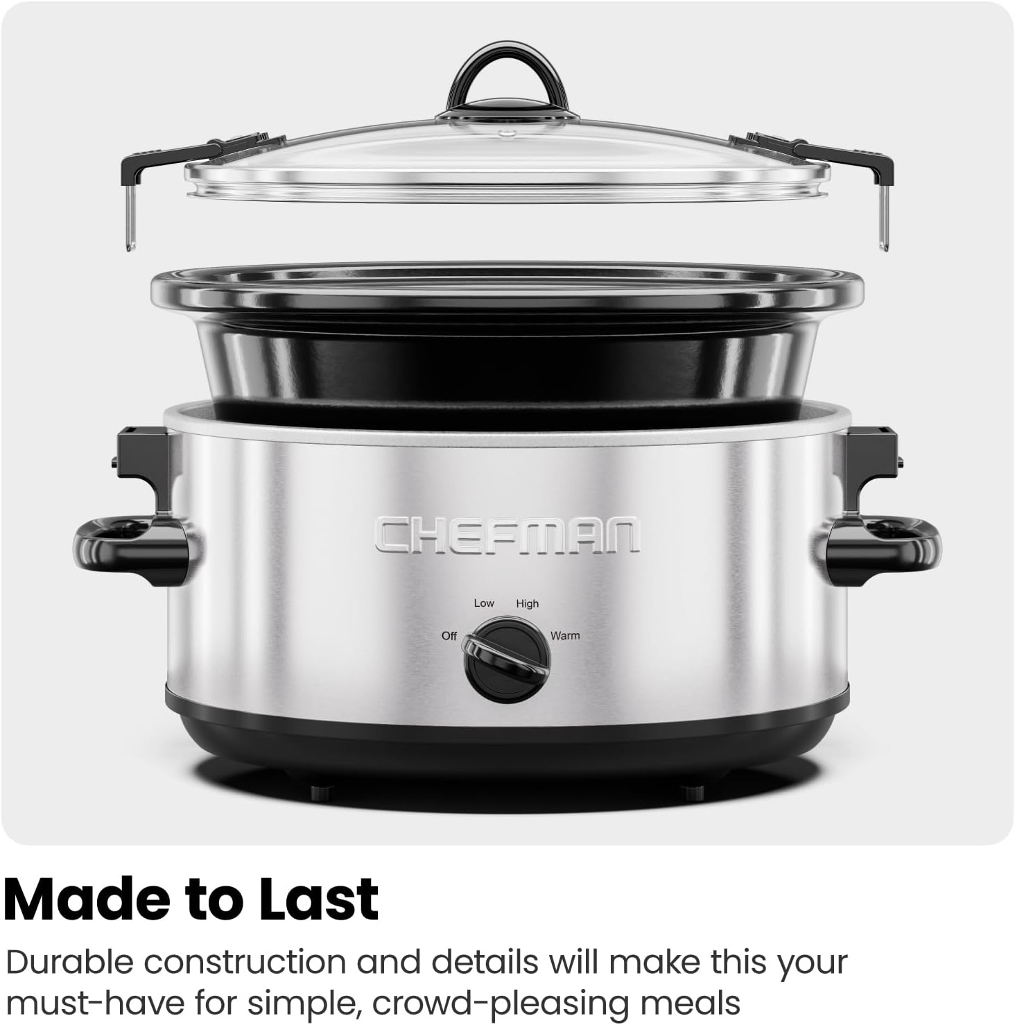 image:imageChefman Slow Cooker 7 Quart Large Family Size Slow Cooker with Low High amp Warm Settings Removable Ceramic Crock Tempered Glass Lid DishwasherSafe for Easy Cleanup Stainless Steel6 Quarts