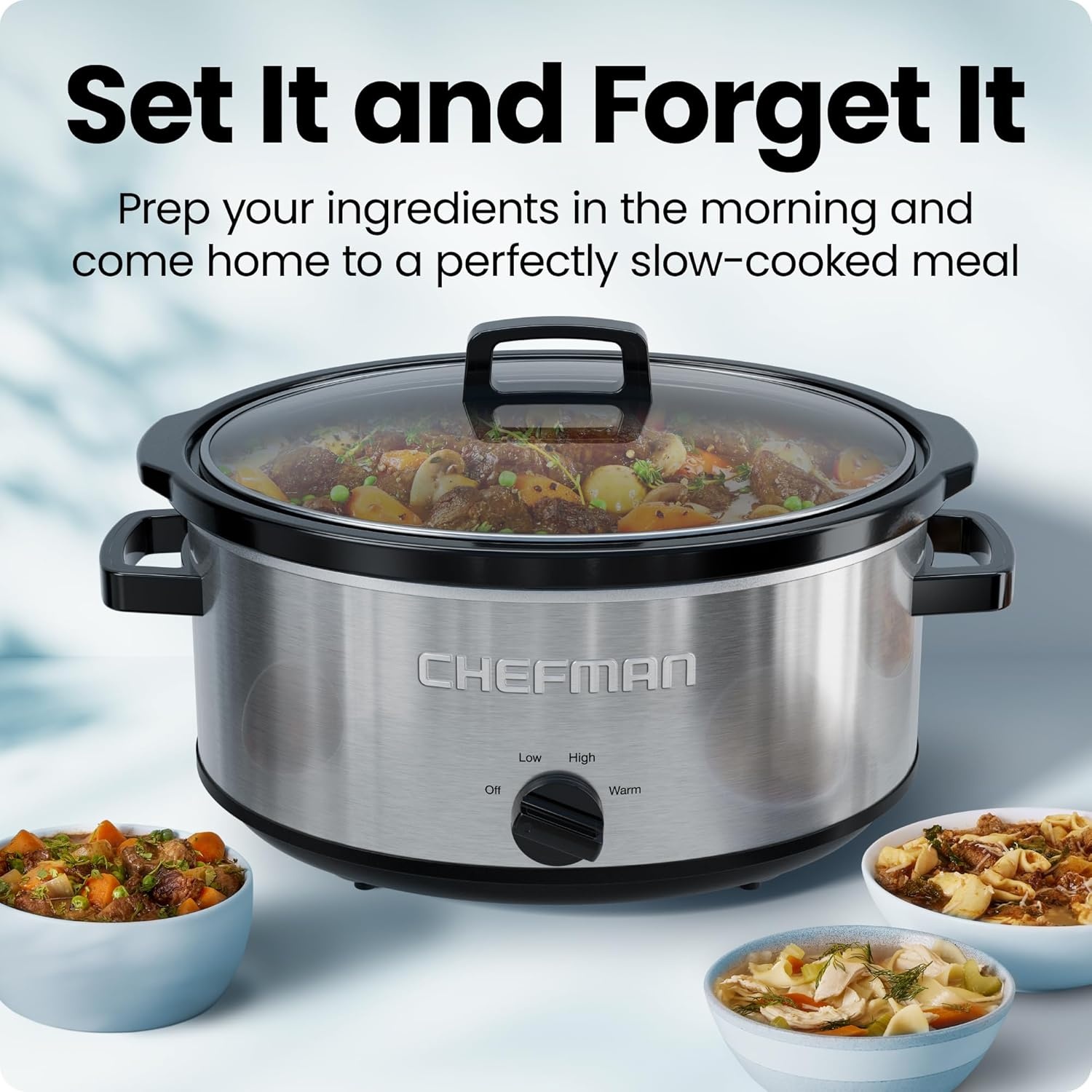 image:imageChefman Slow Cooker 7 Quart Large Family Size Slow Cooker with Low High amp Warm Settings Removable Ceramic Crock Tempered Glass Lid DishwasherSafe for Easy Cleanup Stainless Steel7 Quarts