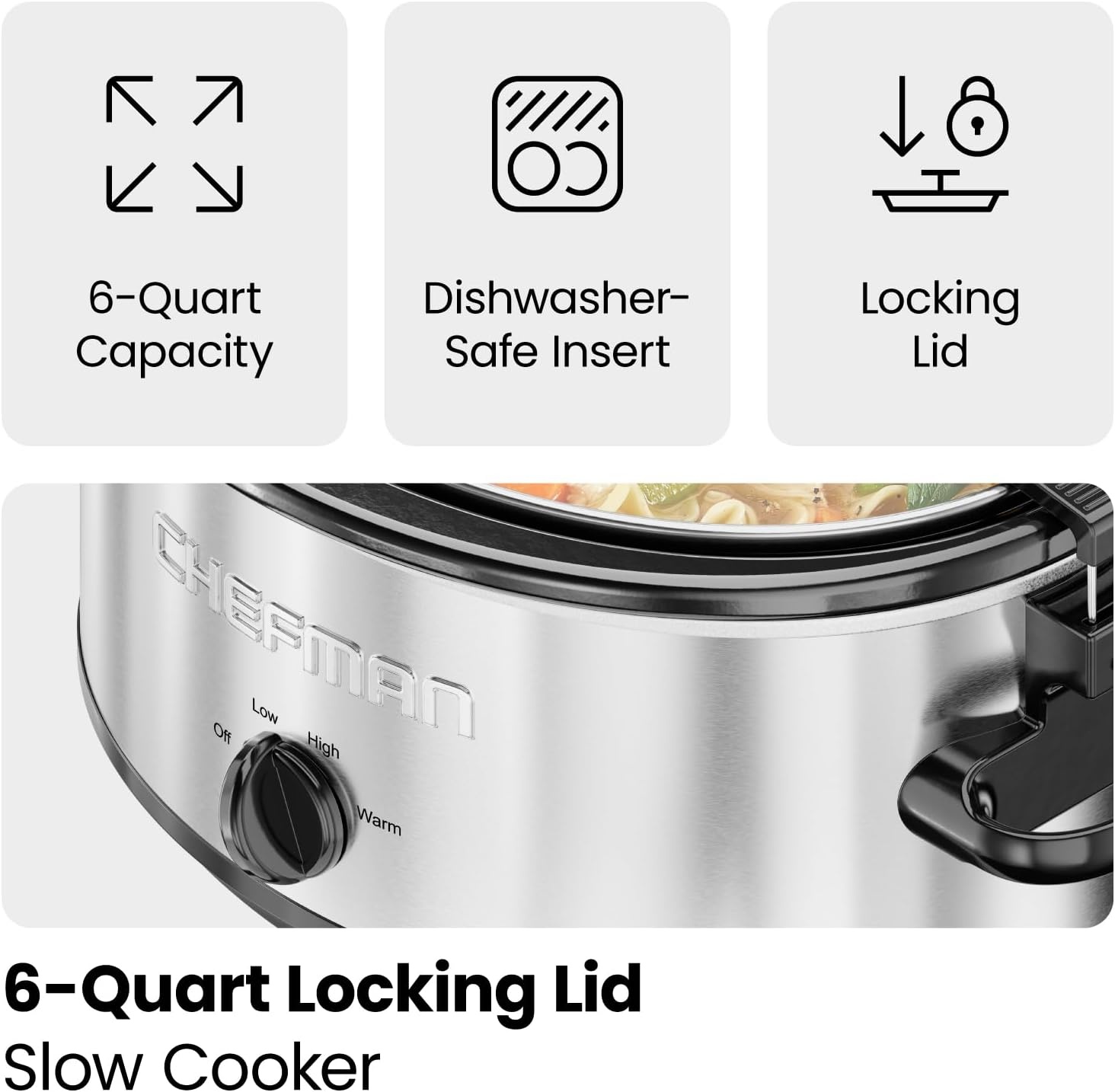 image:imageChefman Slow Cooker 7 Quart Large Family Size Slow Cooker with Low High amp Warm Settings Removable Ceramic Crock Tempered Glass Lid DishwasherSafe for Easy Cleanup Stainless Steel6 Quarts
