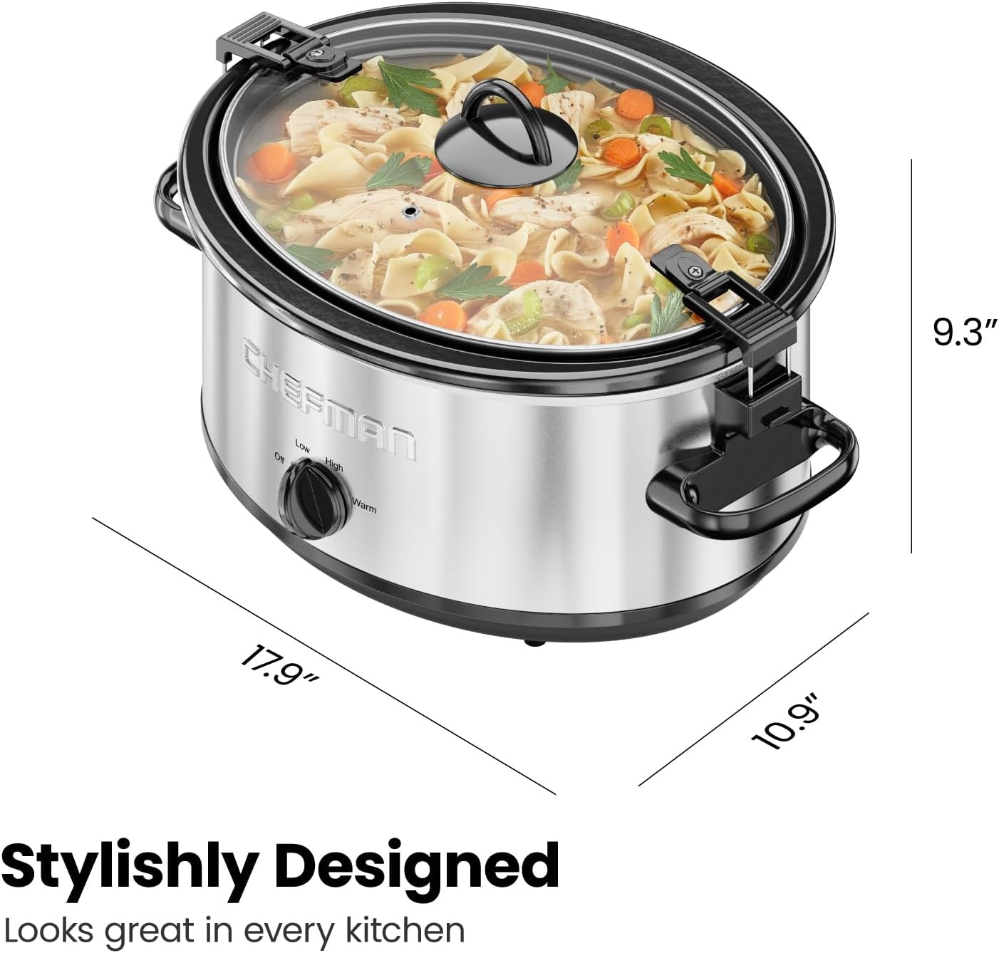 image:imageChefman Slow Cooker 7 Quart Large Family Size Slow Cooker with Low High amp Warm Settings Removable Ceramic Crock Tempered Glass Lid DishwasherSafe for Easy Cleanup Stainless Steel6 Quarts