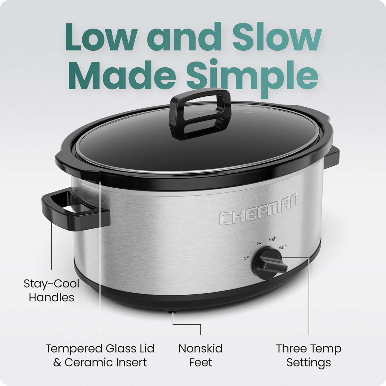 image:imageChefman Slow Cooker 7 Quart Large Family Size Slow Cooker with Low High amp Warm Settings Removable Ceramic Crock Tempered Glass Lid DishwasherSafe for Easy Cleanup Stainless Steel7 Quarts