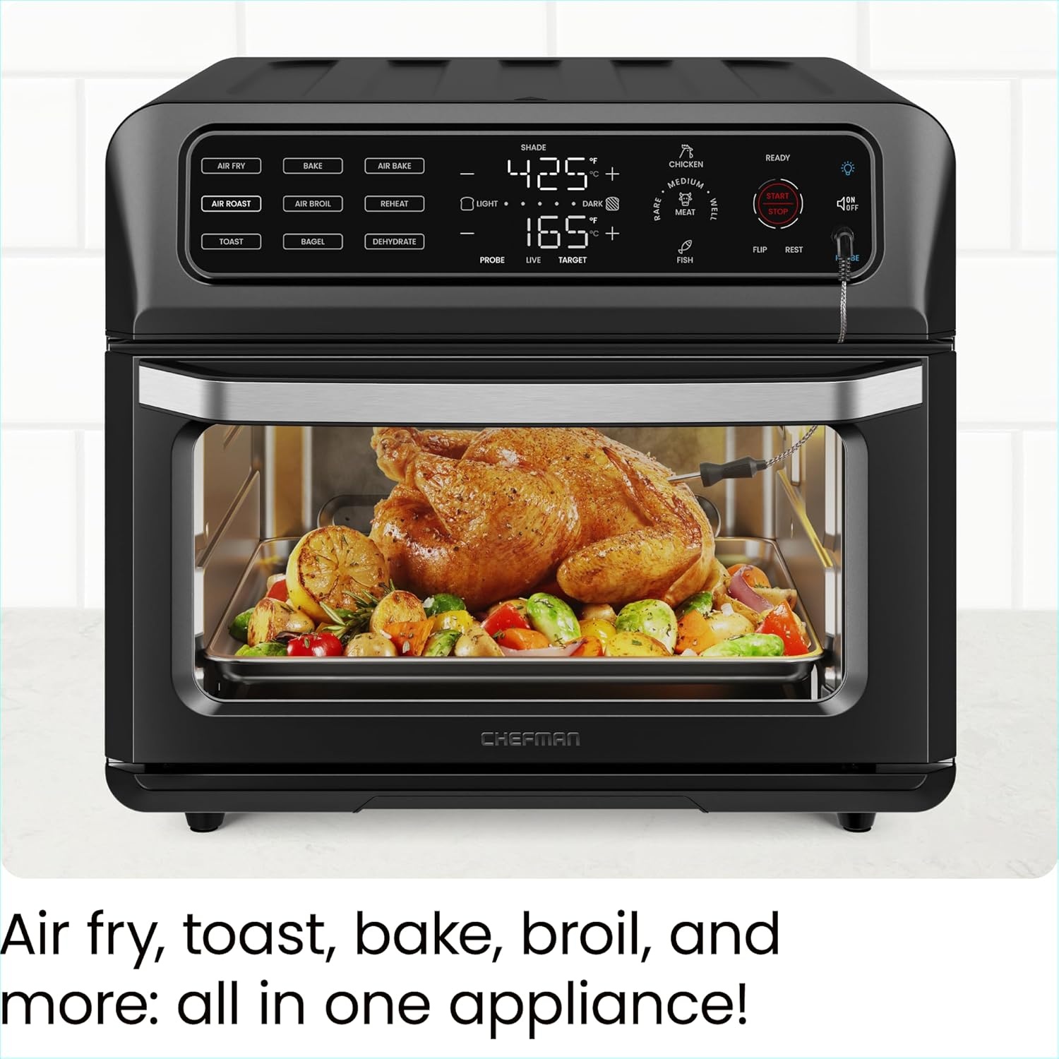 image:imageChefman Air Fryer Toaster Oven Combo with Probe Thermometer 12In1 Stainless Steel Convection Countertop 10 Inch Pizza 4 Slices of Toast Cooking Baking Toasting Roaster Oven Airfryer 20QTStainless Black