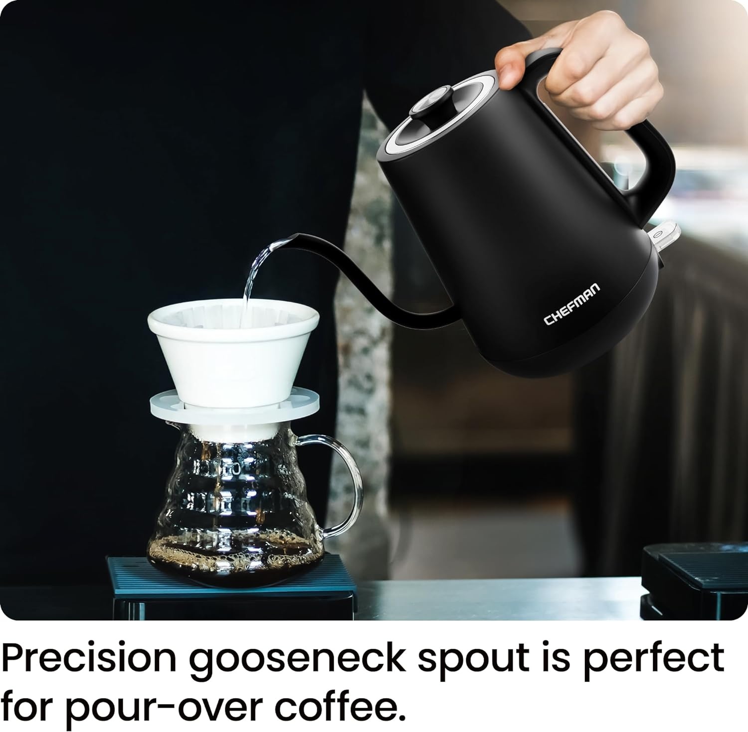 image:imageChefman Gooseneck Electric Kettle 08L Pour Over Black OneTouch Operation BoilDry Protection Auto ShutOff UltraFast Hot Water Boiler For Coffee and TeaBlack Gooseneck