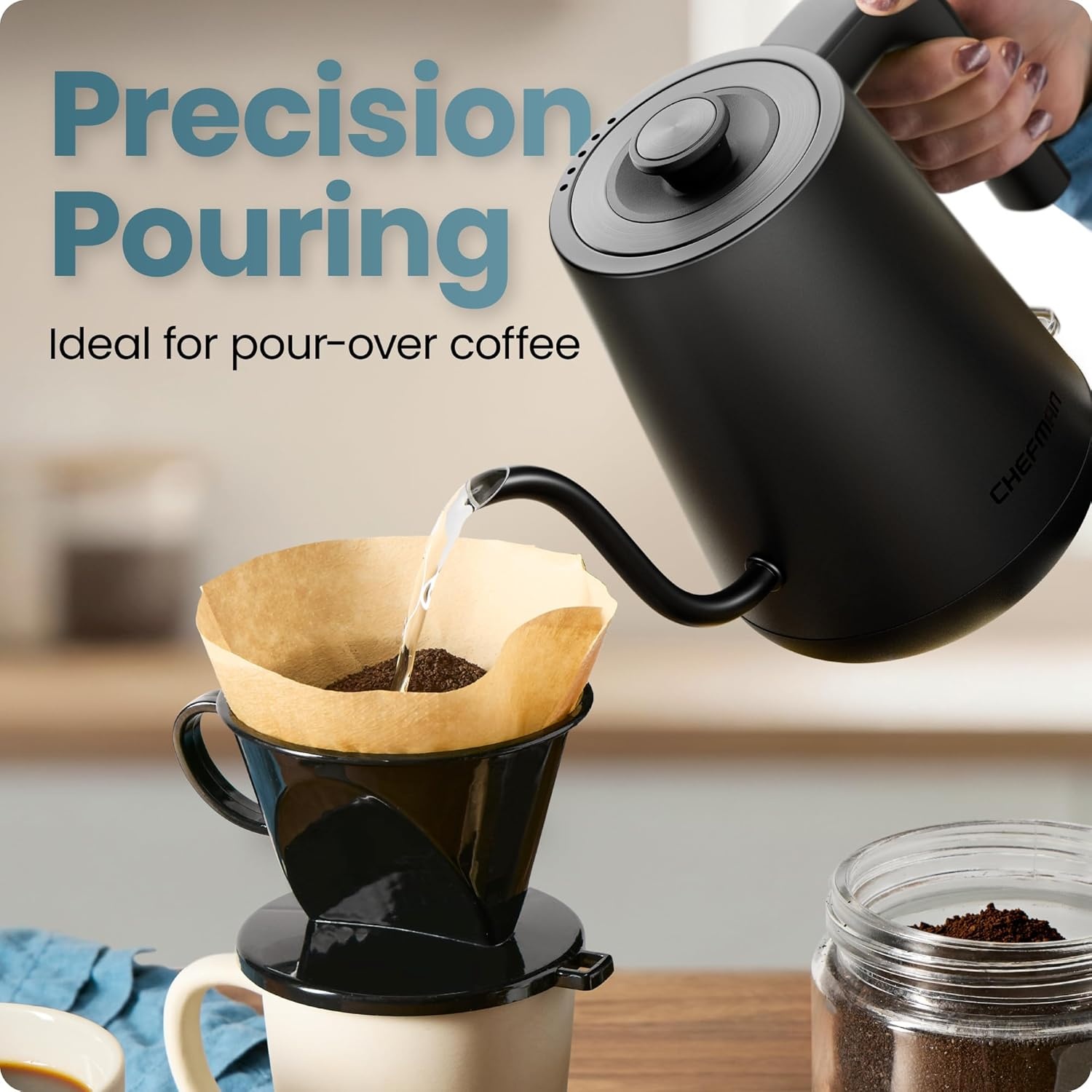 image:imageChefman Gooseneck Electric Kettle 08L Pour Over Black OneTouch Operation BoilDry Protection Auto ShutOff UltraFast Hot Water Boiler For Coffee and TeaBlack