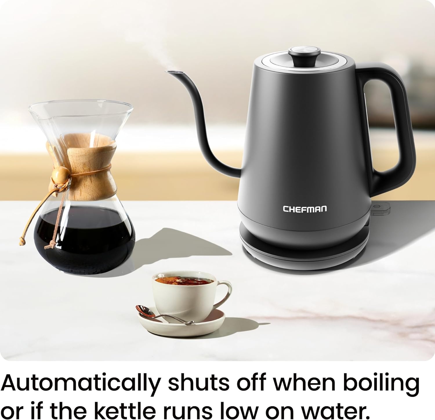 image:imageChefman Gooseneck Electric Kettle 08L Pour Over Black OneTouch Operation BoilDry Protection Auto ShutOff UltraFast Hot Water Boiler For Coffee and TeaBlack Gooseneck