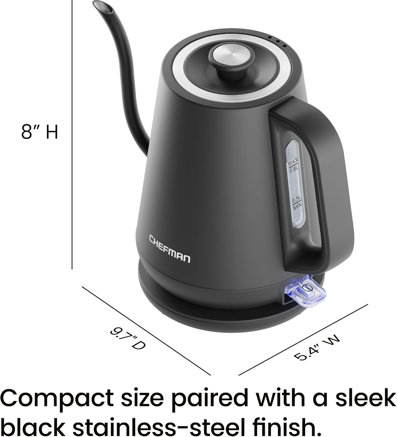 image:imageChefman Gooseneck Electric Kettle 08L Pour Over Black OneTouch Operation BoilDry Protection Auto ShutOff UltraFast Hot Water Boiler For Coffee and TeaBlack Gooseneck
